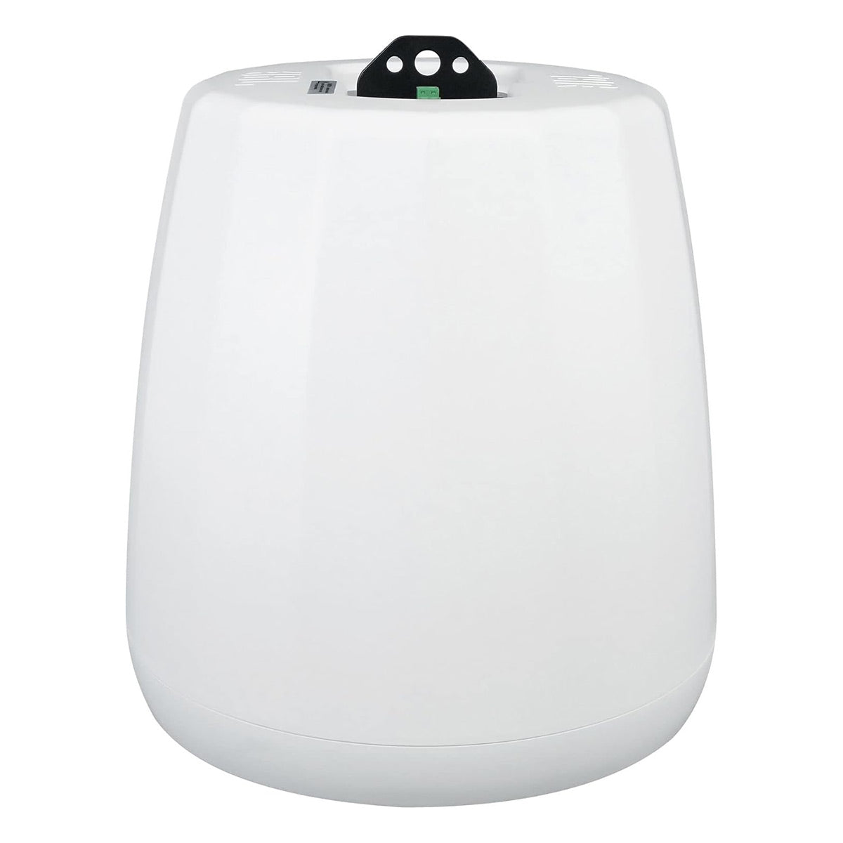 White pendant speaker with a tapered cylindrical housing and black mounting bracket