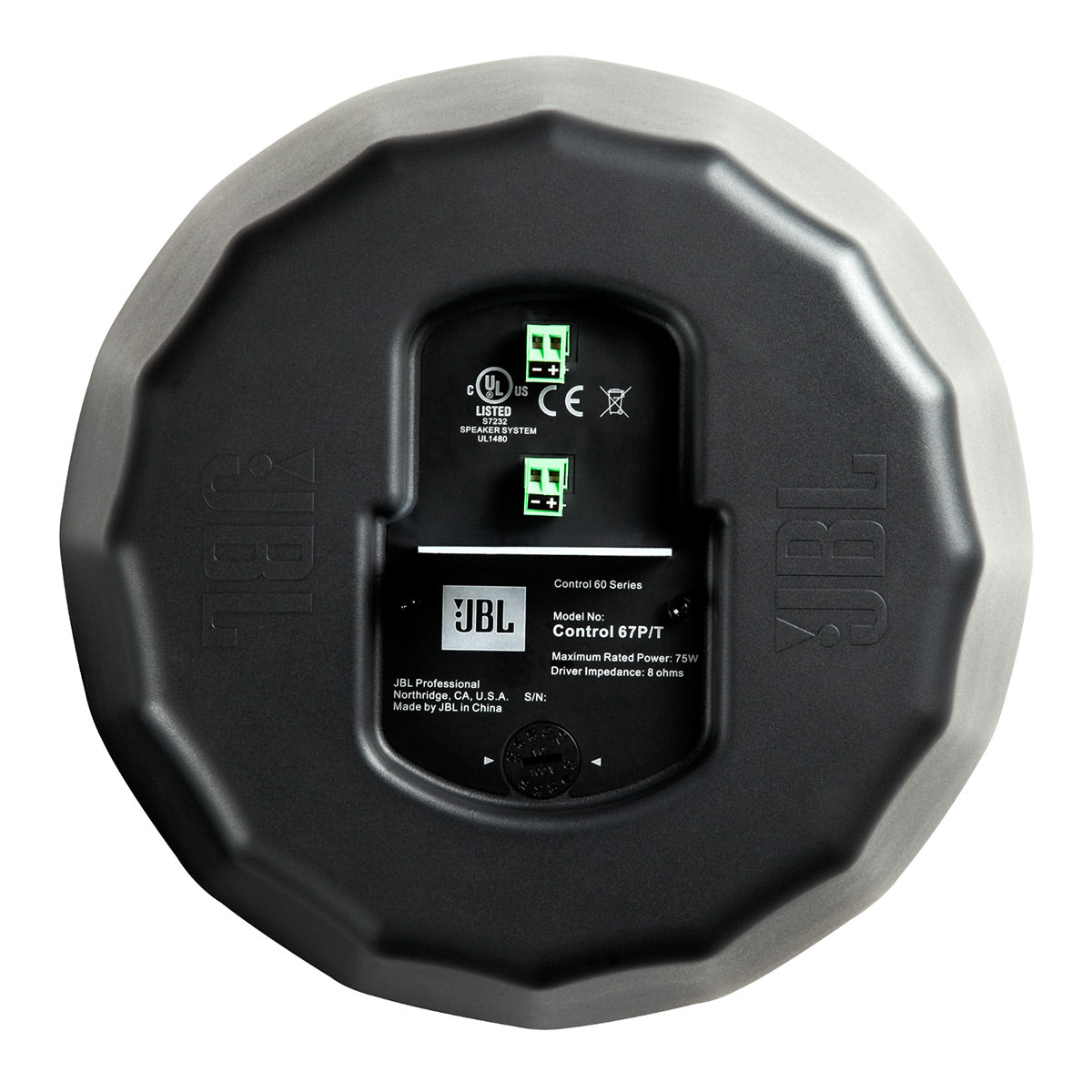 White round pendant speaker with a gray scalloped back panel and green spring terminals