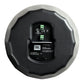 White round pendant speaker with a gray scalloped back panel and green spring terminals
