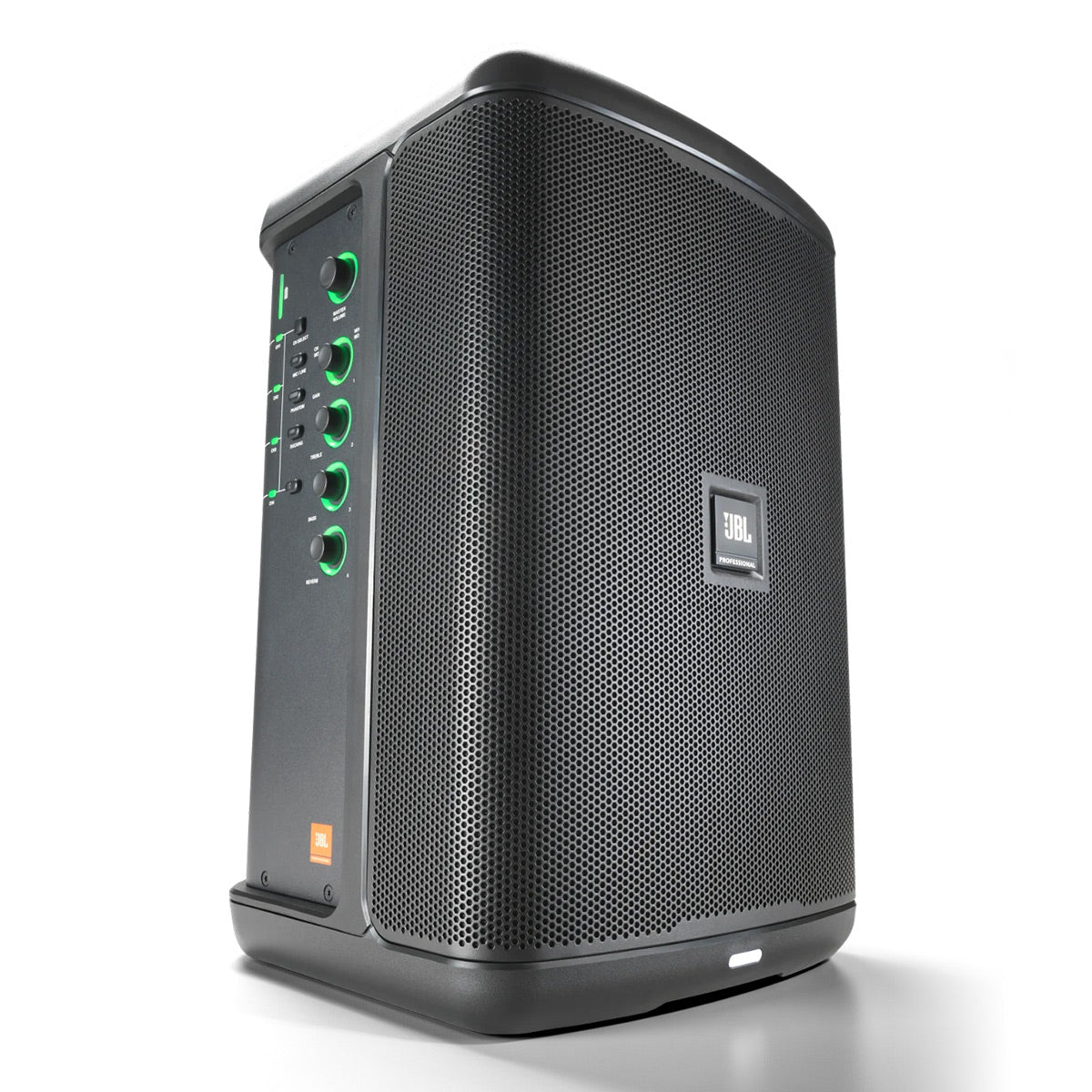 Black portable PA speaker with a perforated metal grille and side control panel featuring green-lit 