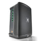 Black portable PA speaker with a perforated metal grille and side control panel featuring green-lit 