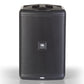 Black portable speaker with a perforated metal grille and a top handle