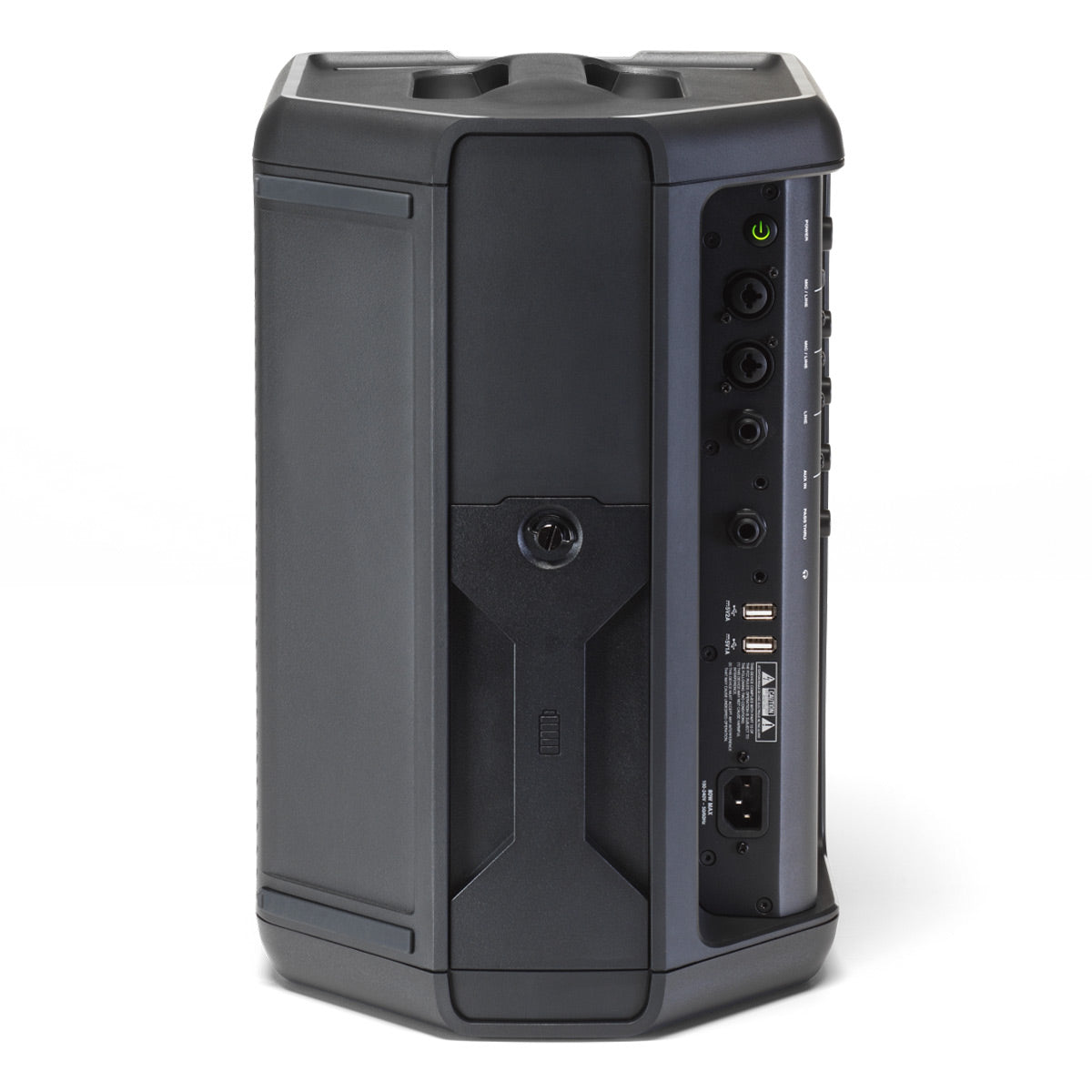 Black portable PA speaker with rear control panel, multiple input jacks, and integrated handle