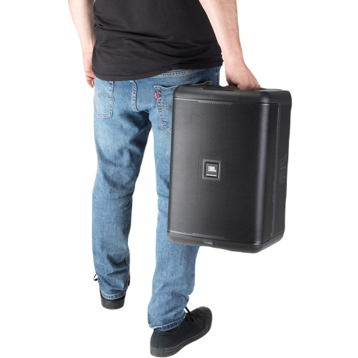 Black portable speaker with perforated metal grille and integrated top handle
