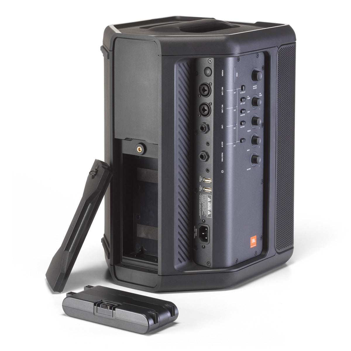 Black portable PA speaker with rear control panel and removable battery
