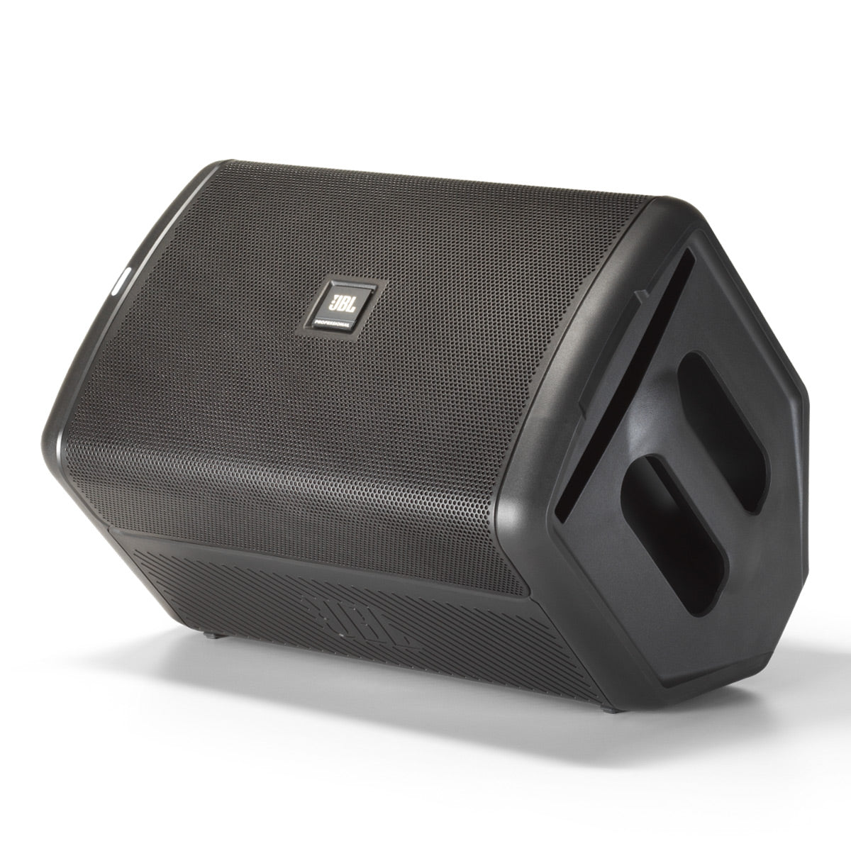 Black portable speaker with a perforated metal grille and integrated side handles