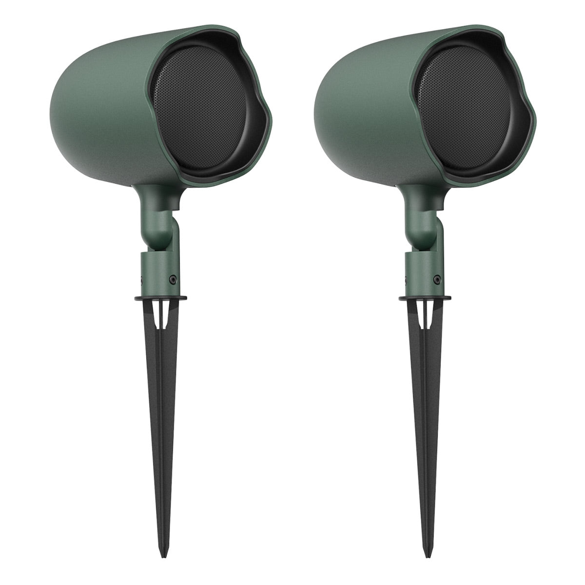 Pair of green outdoor speakers with black mesh grilles and ground stakes