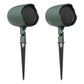 Pair of green outdoor speakers with black mesh grilles and ground stakes