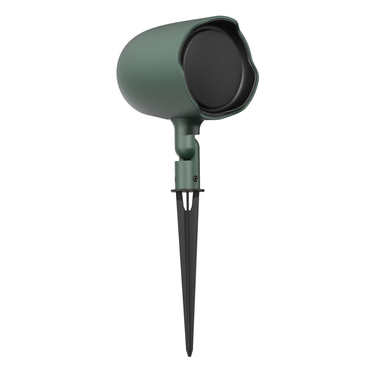 Green outdoor satellite speaker with a black mesh grille and adjustable stake mount