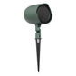 Green outdoor satellite speaker with a black mesh grille and adjustable stake mount