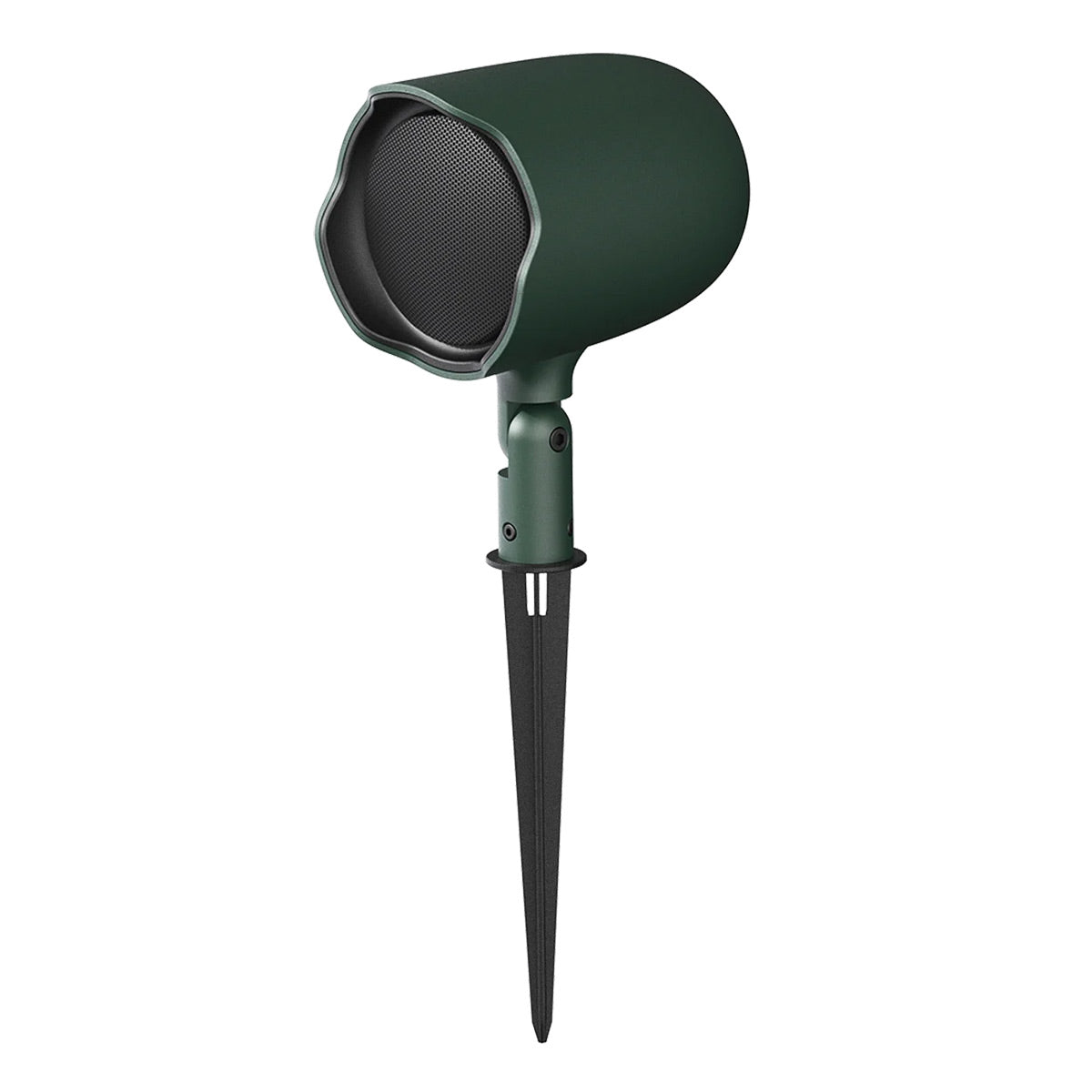 Dark green outdoor speaker with a black mesh grille and adjustable mounting stake
