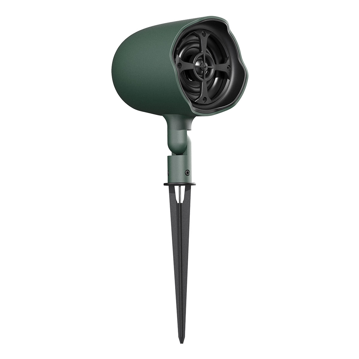 Green outdoor satellite speaker with a rounded enclosure and black ground stake mount