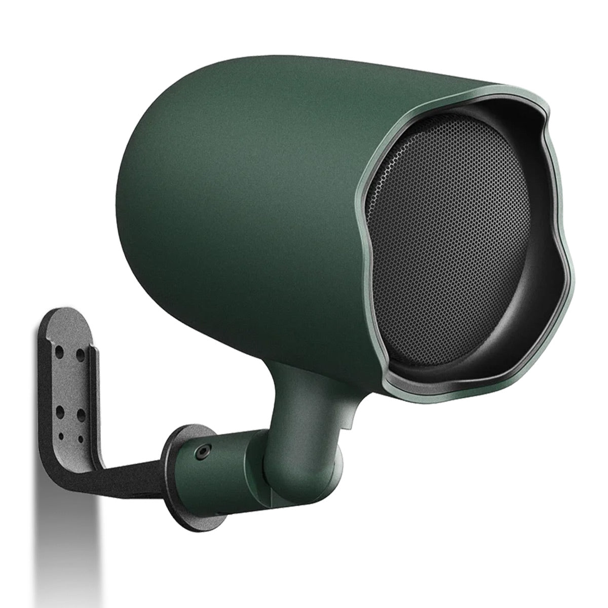 Dark green outdoor satellite speaker with a mesh grille and adjustable wall mount bracket