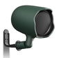 Dark green outdoor satellite speaker with a mesh grille and adjustable wall mount bracket