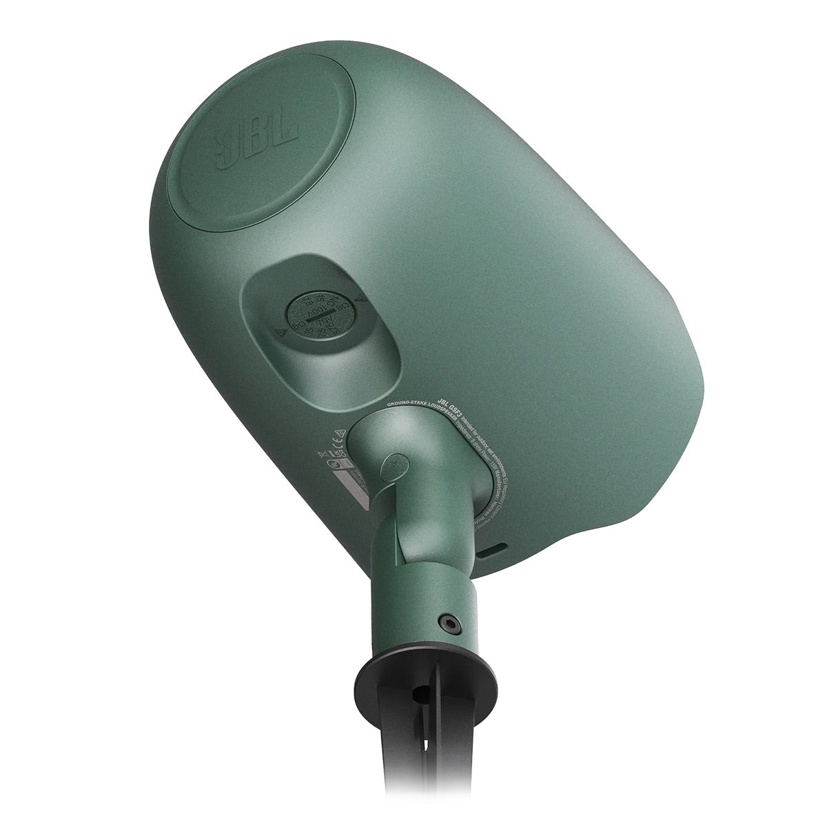 Green outdoor satellite speaker with an adjustable mounting bracket and ground stake