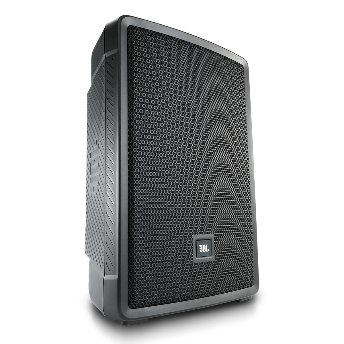 Black portable PA speaker with a perforated metal grille and textured side panels
