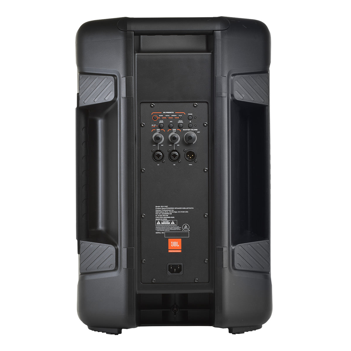 Black portable PA speaker with rear control panel featuring volume knobs and XLR inputs