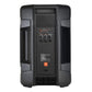 Black portable PA speaker with rear control panel featuring volume knobs and XLR inputs