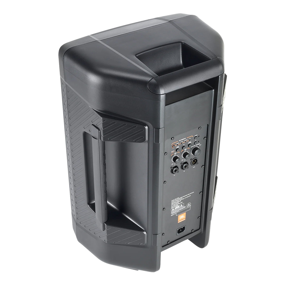 Black portable PA speaker with rear control panel and integrated side handle