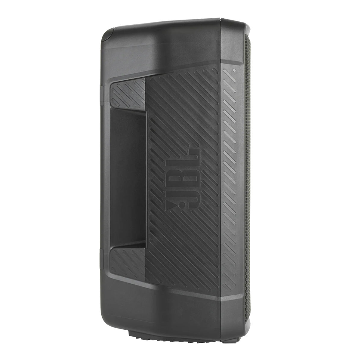 Black portable PA speaker with a textured side panel and integrated carry handle