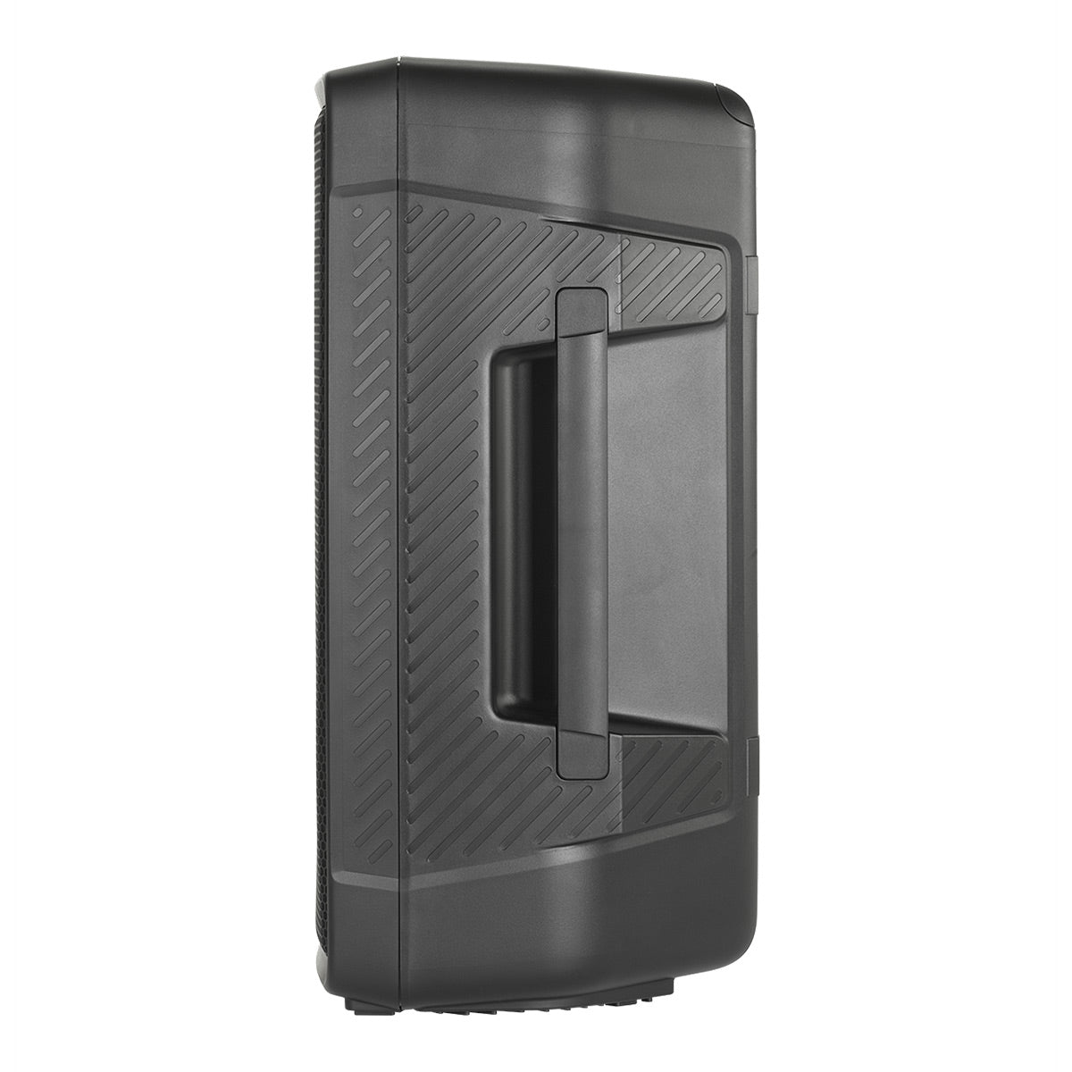 Black portable PA speaker with a recessed side handle and textured diagonal ribbing