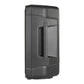 Black portable PA speaker with a recessed side handle and textured diagonal ribbing
