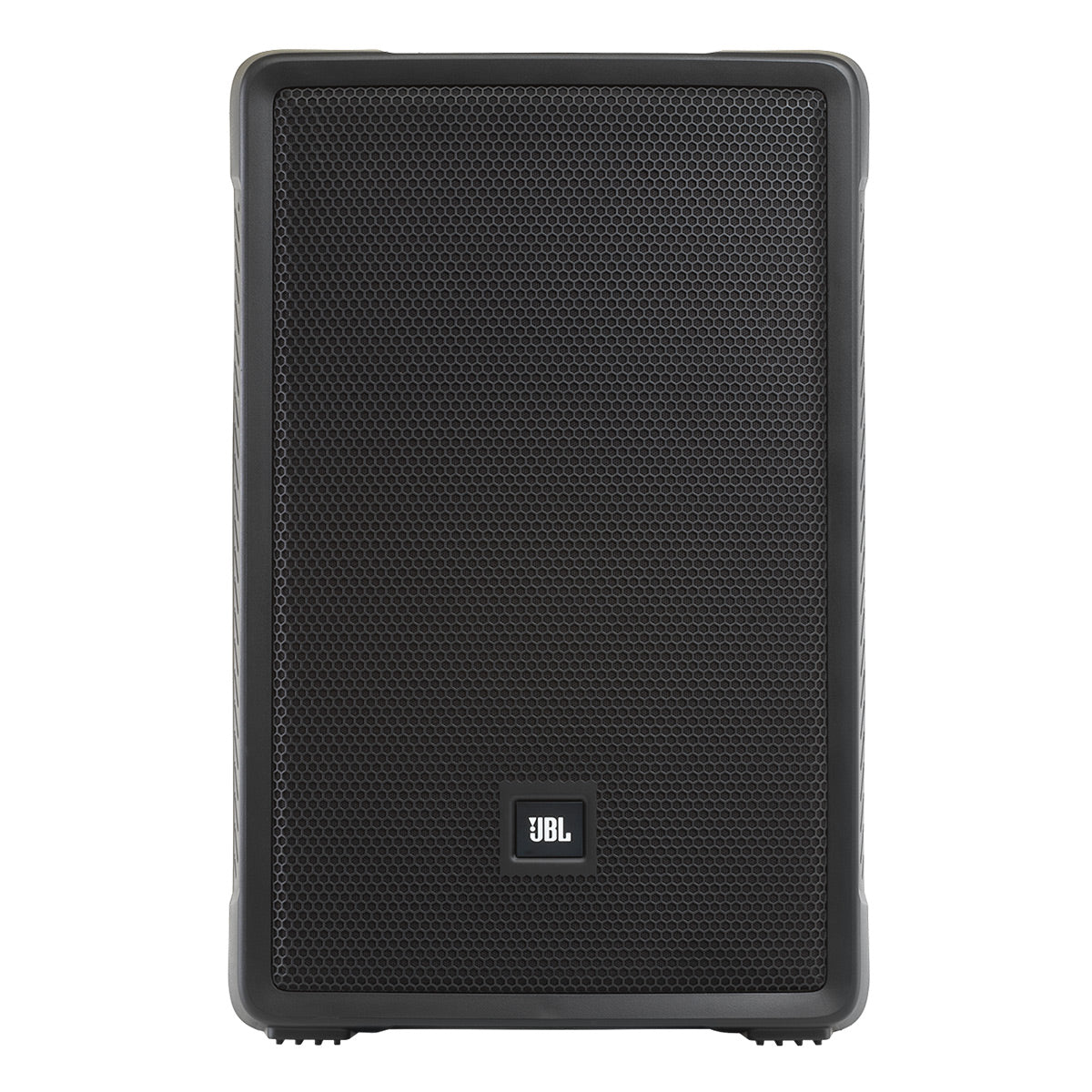 Black portable PA speaker with a perforated metal grille and a small logo badge at the bottom