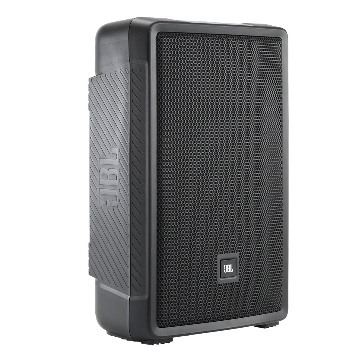 Black portable PA speaker with a perforated metal grille and textured side panel