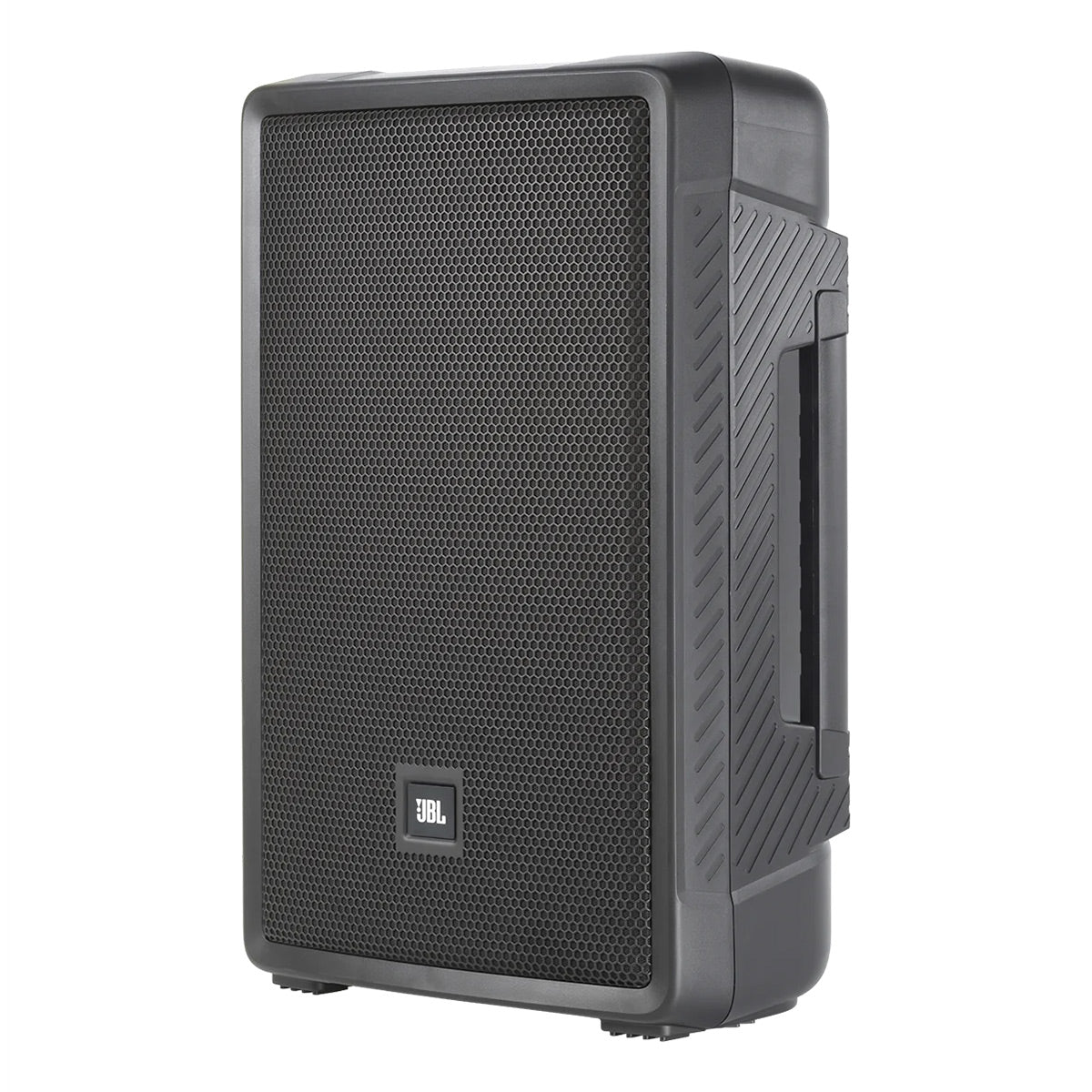 Black portable PA speaker with a perforated metal grille and side carry handle
