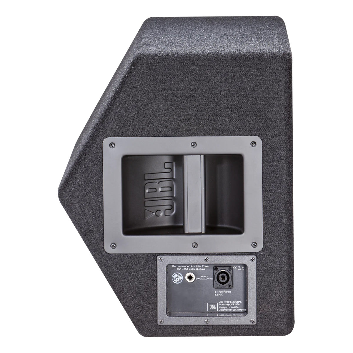 Black textured PA speaker with recessed handle and rear connection panel