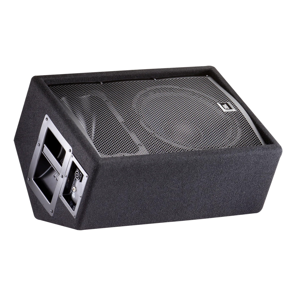 Black portable PA speaker with a perforated metal grille and side-mounted input panel