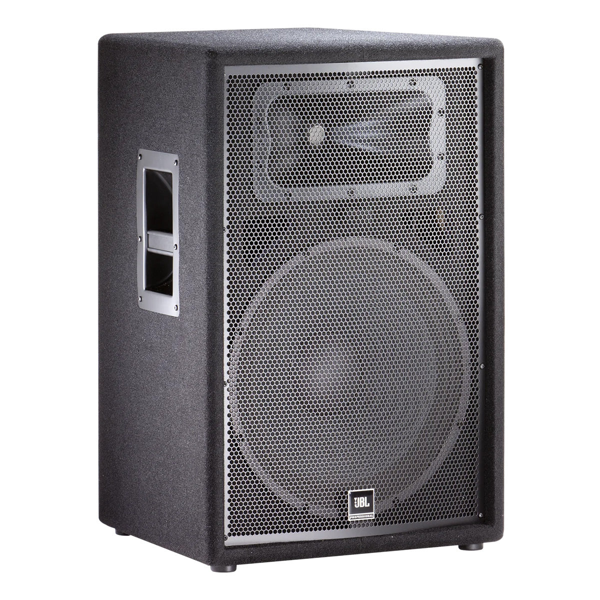 Black portable PA speaker with a perforated metal grille, side handle, and visible woofer and horn d