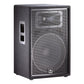 Black portable PA speaker with a perforated metal grille, side handle, and visible woofer and horn d