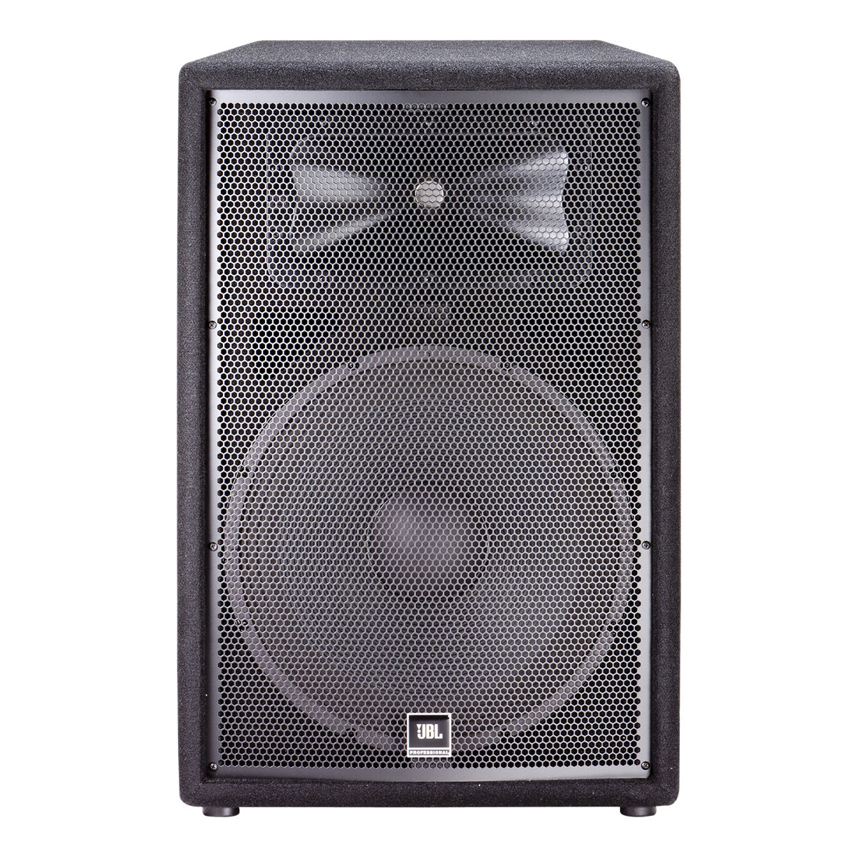 Black portable PA speaker with a large woofer, high-frequency horn, and perforated metal grille