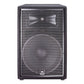 Black portable PA speaker with a large woofer, high-frequency horn, and perforated metal grille