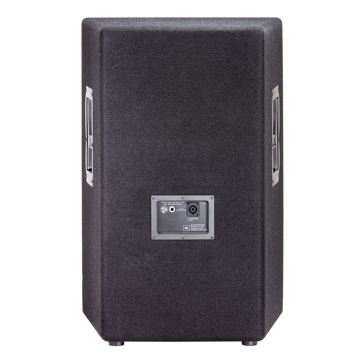 Black portable PA speaker with textured finish, side handles, and rear input panel