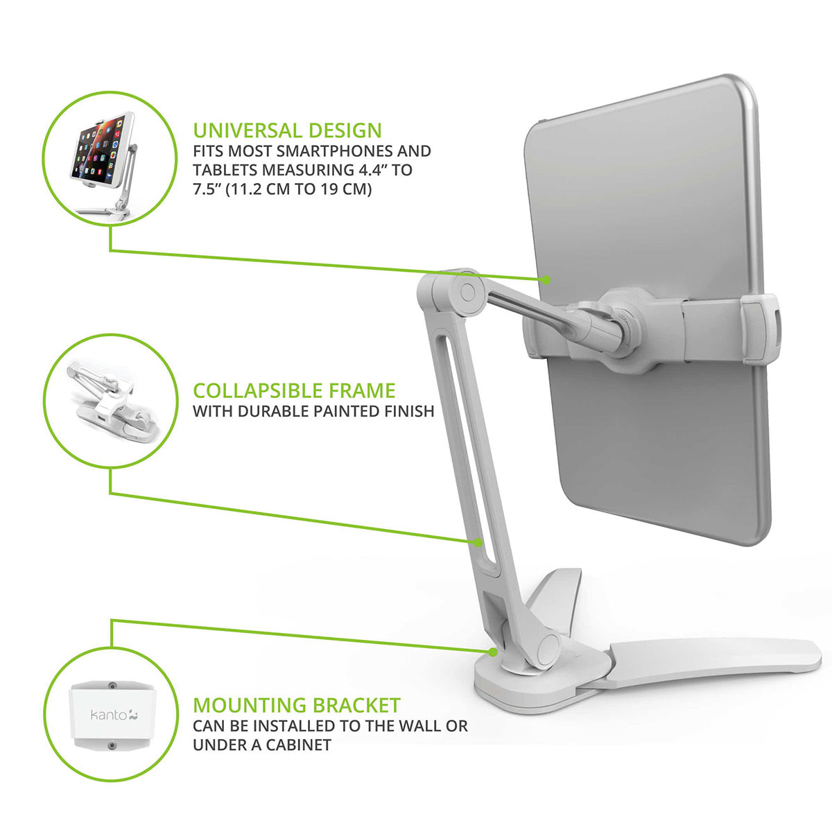 Kanto DS250 Universal Phone and Tablet Stand with Extended Arm (White)