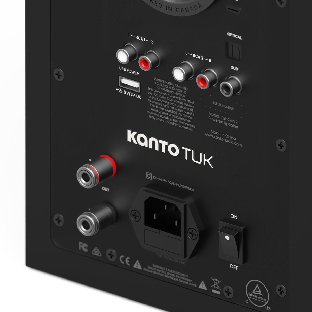 Matte black speaker back panel with RCA inputs, optical port, and power switch