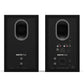 Matte black bookshelf speakers with rear-facing ports and multiple input connections