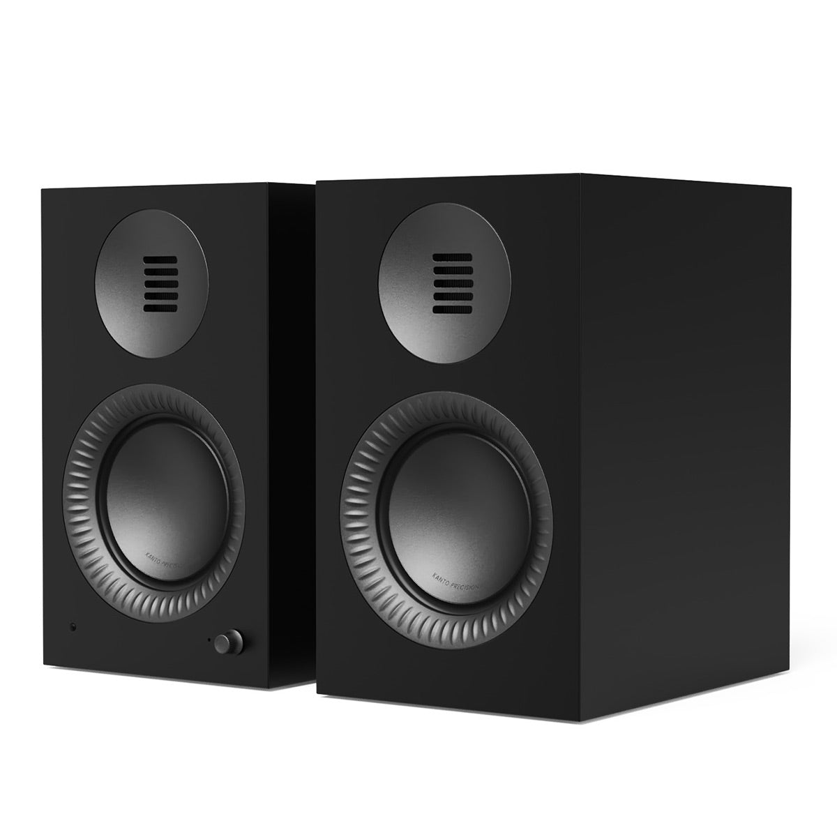 Matte black bookshelf speakers with a large woofer and a circular tweeter on each cabinet