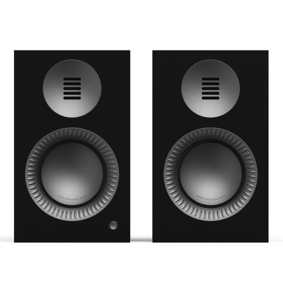 Matte black bookshelf speakers with silver tweeter grilles and textured woofer surrounds
