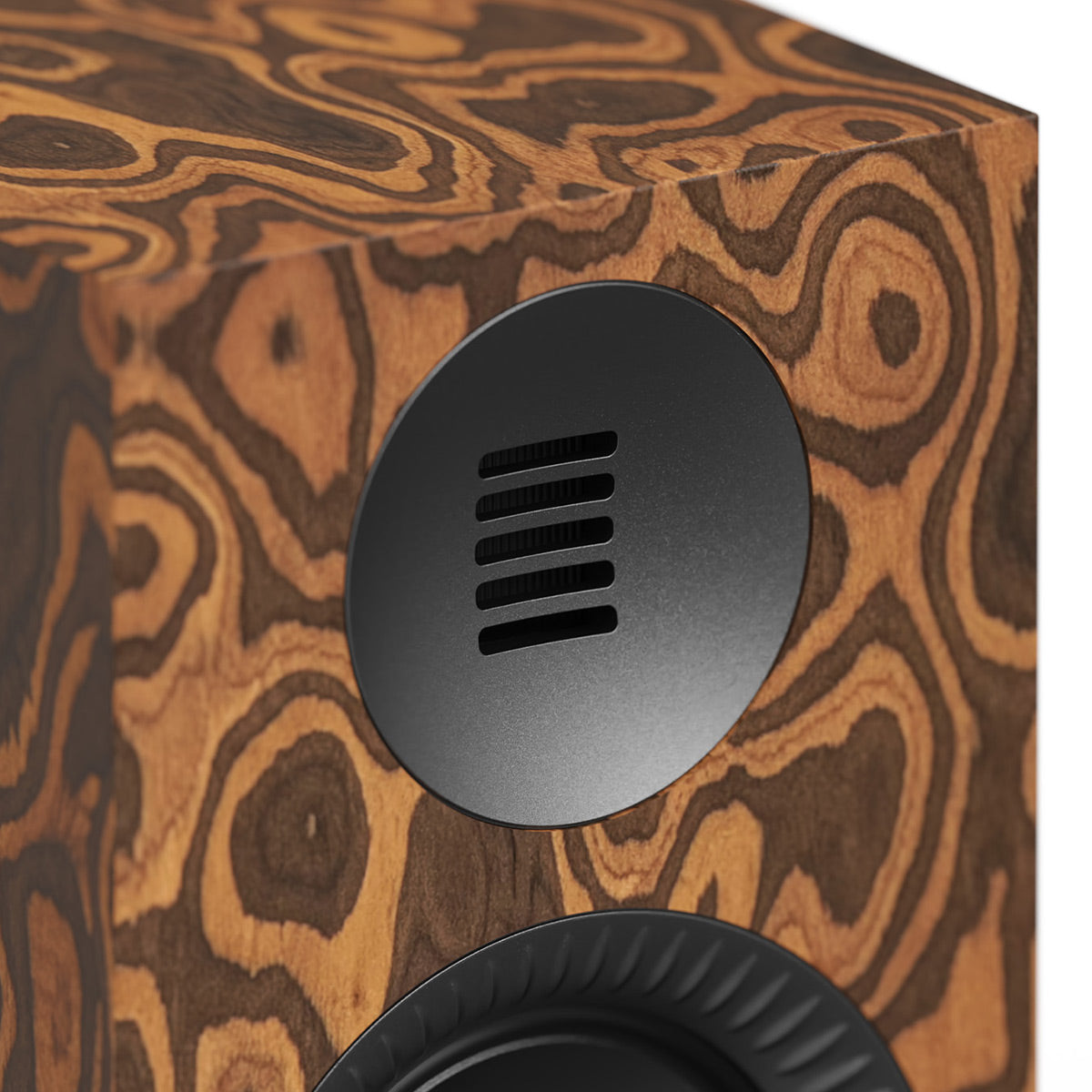 Wood grain speaker cabinet with a black circular tweeter and woofer