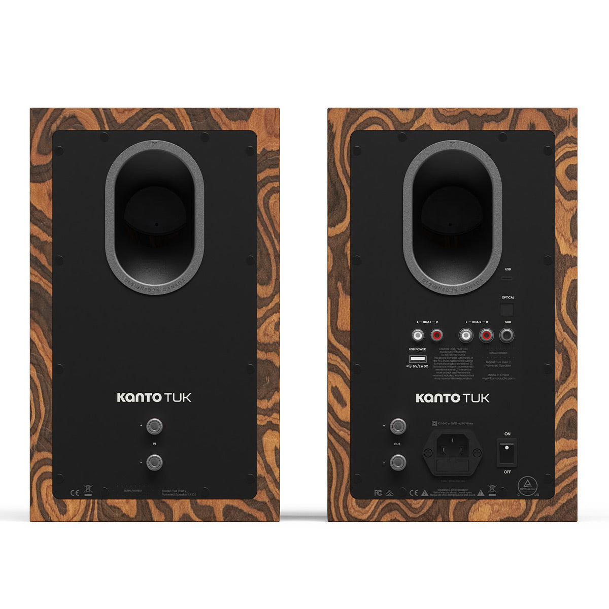 Pair of bookshelf speakers with matte burled wood finish and rear-facing ports