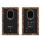 Pair of bookshelf speakers with matte burled wood finish and rear-facing ports