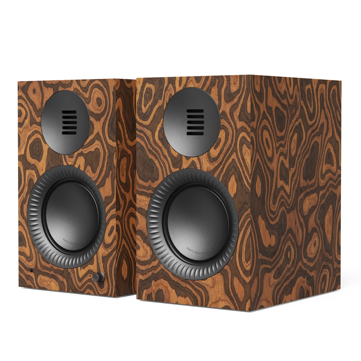 Pair of bookshelf speakers with a dark wood grain finish and black drivers