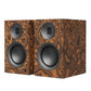 Pair of bookshelf speakers with a dark wood grain finish and black drivers