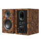Pair of bookshelf speakers with matte burled ebony wood finish and rear connectivity panel