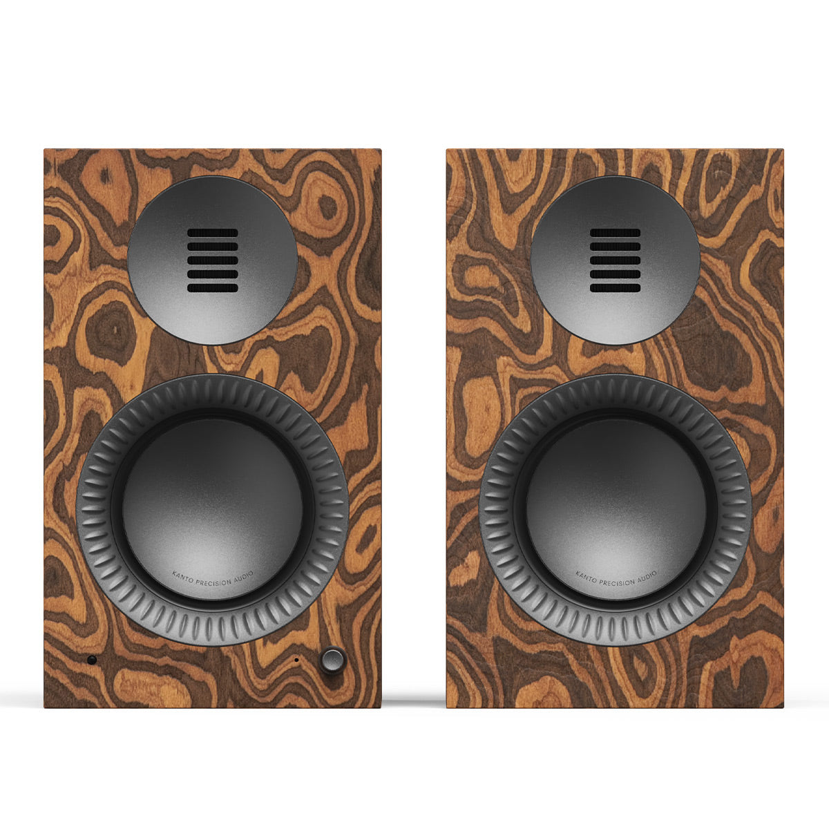 Pair of bookshelf speakers with matte burled wood finish and black drivers
