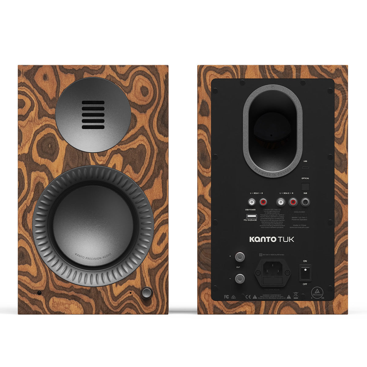 Matte burled ebony bookshelf speaker with a front-facing woofer and rear connectivity panel