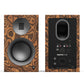 Matte burled ebony bookshelf speaker with a front-facing woofer and rear connectivity panel